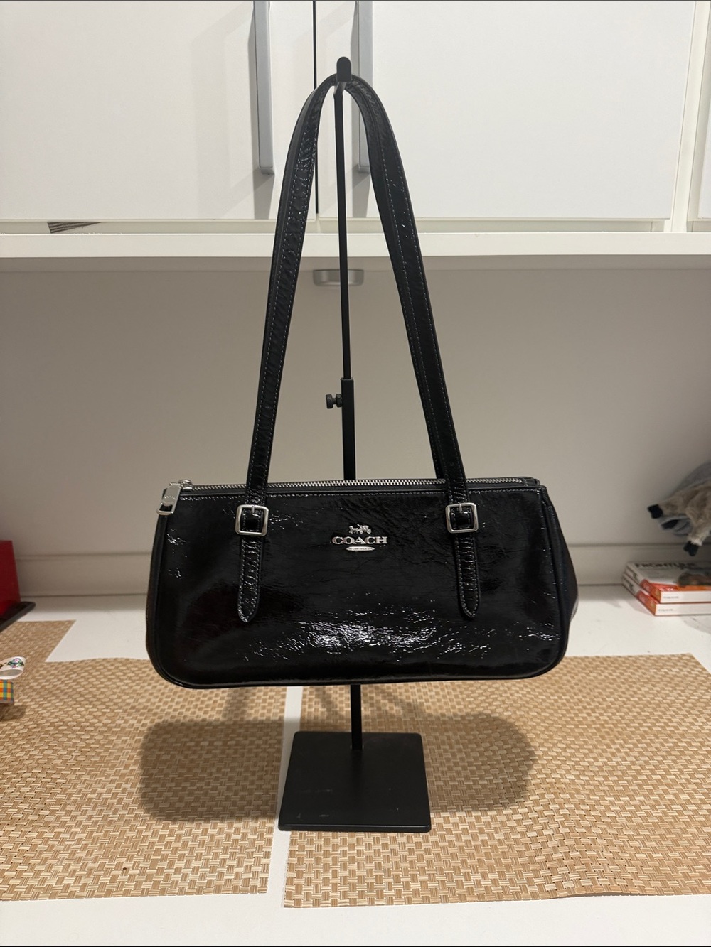 Coach Black Patent Leather Shoulder Bag with Silver Hardware